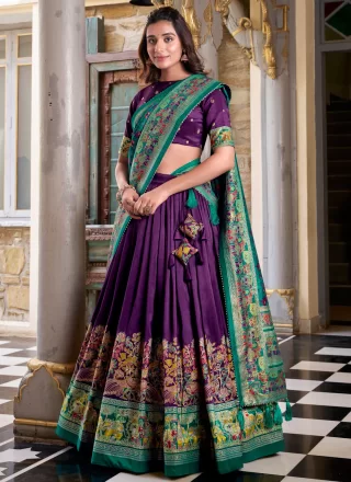 Foil Print Work Tussar Silk A - Line Lehenga Choli In Purple Color