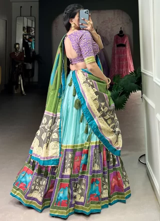 Foil Print Work Tussar Silk Lehenga Choli In Aqua Blue
