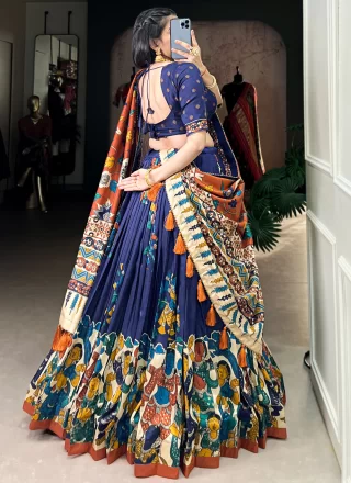 Foil Print Work Tussar Silk Lehenga Choli In Blue