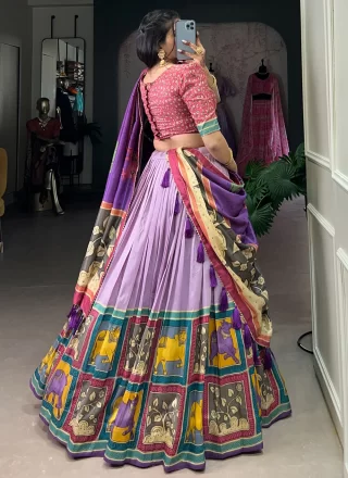 Foil Print Work Tussar Silk Lehenga Choli In Lavender for Ceremonial