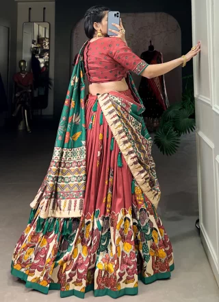 Foil Print Work Tussar Silk Lehenga Choli In Maroon