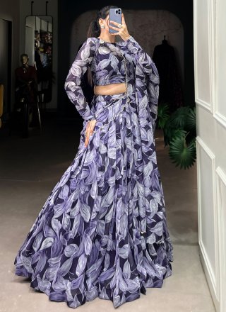 Foliage Print and Print Work Silk Lehenga Choli In Blue for Ceremonial