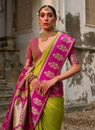 Fuchsia and Green Banarasi Silk Weaving Work Trendy Saree for Women