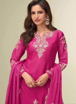 Fuchsia Chinon Embroidered and Zari Work Palazzo Salwar Suit