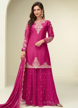 Fuchsia Chinon Embroidered and Zari Work Palazzo Salwar Suit