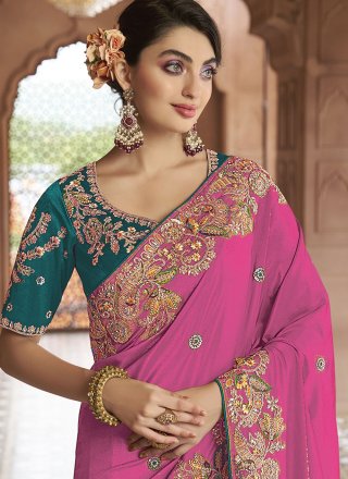 Fuchsia Cord, Embroidered, Sequins, Stone and Thread Work Georgette Classic Saree