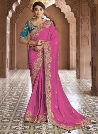 Fuchsia Cord, Embroidered, Sequins, Stone and Thread Work Georgette Classic Saree