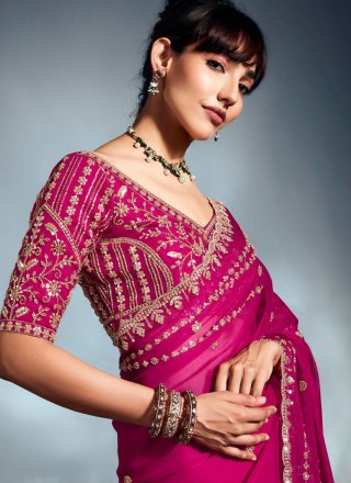 Fuchsia Fancy Fabric Designer Sari with Cut, Sequins, Thread and Zari Work