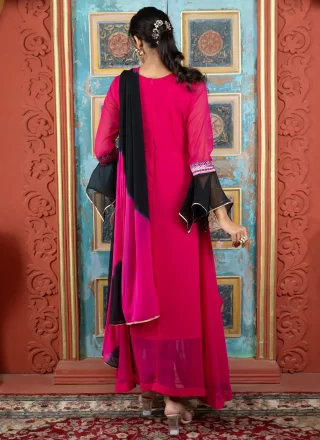Fuchsia Georgette Booti, Fancy and Print Work Salwar Suit for Ceremonial