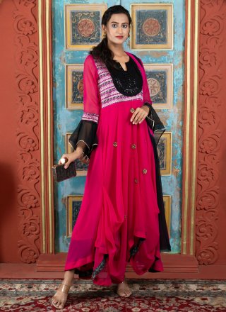 Fuchsia Georgette Booti, Fancy and Print Work Salwar Suit for Ceremonial