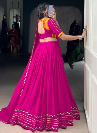 Fuchsia Rayon Gamthi, Lace and Mirror Work Readymade Lehenga Choli for Festival