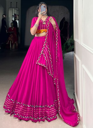 Fuchsia Rayon Gamthi, Lace and Mirror Work Readymade Lehenga Choli for Festival