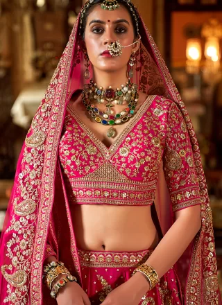 Fuchsia Silk A - Line Lehenga Choli with Embroidered, Pearls, Sequins, Thread, Weaving and Zari Work