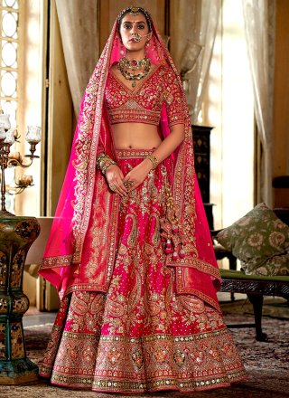 Fuchsia Silk A - Line Lehenga Choli with Embroidered, Pearls, Sequins, Thread, Weaving and Zari Work