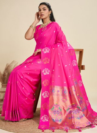 Fuchsia Silk Classic Saree with Weaving Work