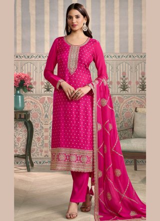 Fuchsia Silk Embroidered and Zari Work Salwar Suit