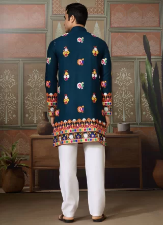 Gamthi and Mirror Work Cotton Kurta Mens Wear In Blue Colour