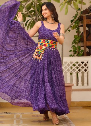 Gamthi and Print Work Faux Georgette Gown In Purple for Festival