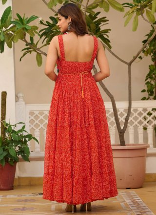 Gamthi and Print Work Faux Georgette Gown In Red Color