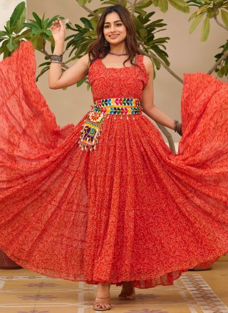 Gamthi and Print Work Faux Georgette Gown In Red Color