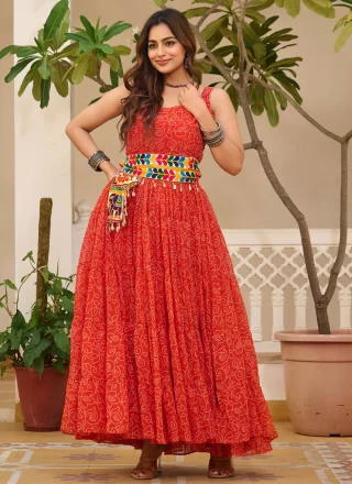 Gamthi and Print Work Faux Georgette Gown In Red Color