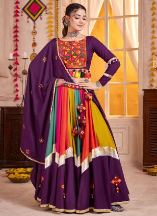 Gamthi, Lace and Mirror Work Cotton Readymade Lehenga Choli In Purple for Ceremonial