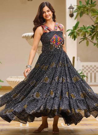 Gamthi, Mirror and Print Work Georgette  Designer Gown In Black Color