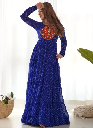 Gamthi, Mirror and Strips Print Work Faux Georgette Gown In Blue for Casual