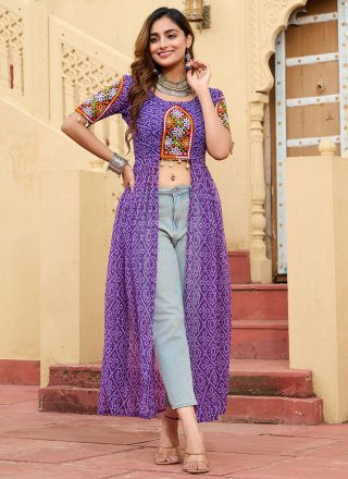 Gamthi, Patch Border and Print Work Faux Georgette Party Wear Kurti In Violet Colour