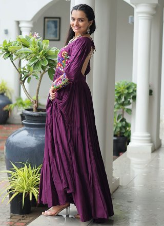 Gamthi Work Rayon Gown In Purple Color