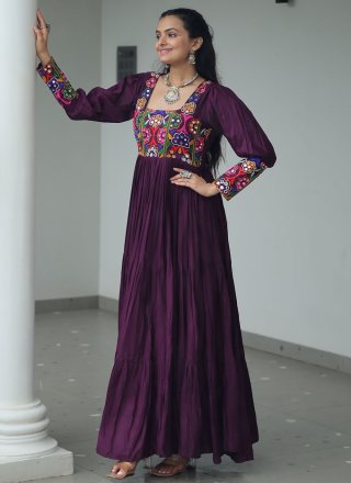 Gamthi Work Rayon Gown In Purple Color