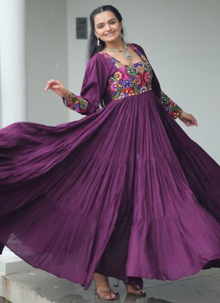 Gamthi Work Rayon Gown In Purple Color