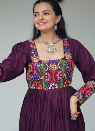 Gamthi Work Rayon Gown In Purple Color