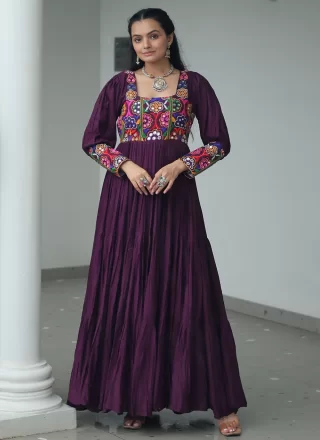 Gamthi Work Rayon Gown In Purple Color