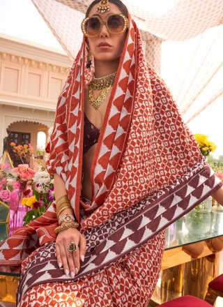 Geometric Print Work Silk Contemporary Saree In Rust