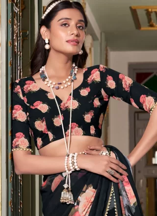 Georgette Classic Saree with Patch Border, Lace, Pearls and Print Work