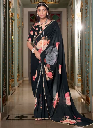 Georgette Classic Saree with Patch Border, Lace, Pearls and Print Work