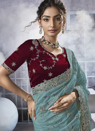 Georgette Contemporary Saree In Blue and Grey Color