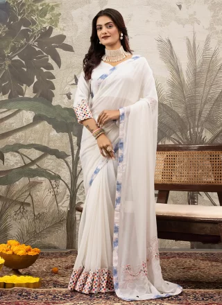 Georgette Contemporary Sari In White Colour