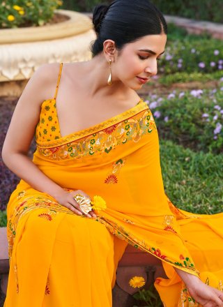 Georgette Contemporary Sari In Yellow Color