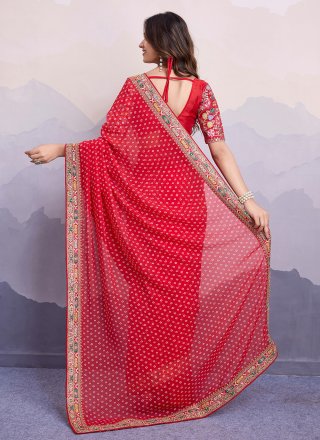 Georgette Contemporary Sari with Bandhej, Embroidered and Print Work