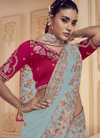 Georgette Designer Sari In Aqua Blue Color