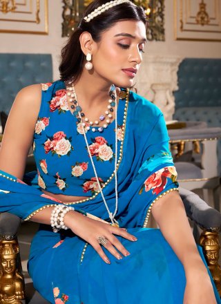 Georgette Designer Sari with Patch Border, Lace, Pearls and Print Work