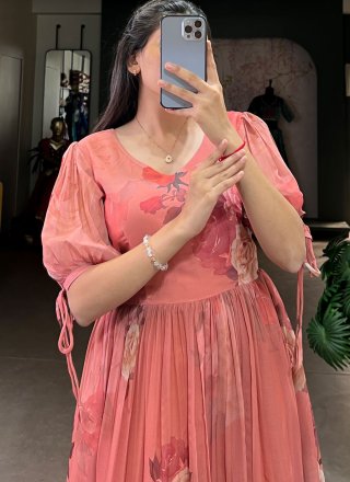 Georgette Party Wear Kurti In Peach Colour