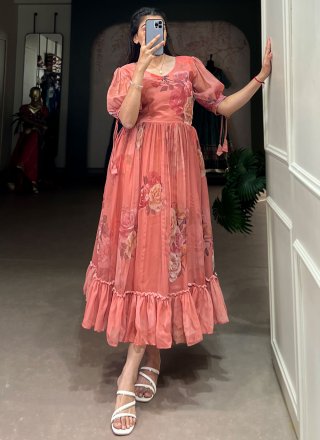Georgette Party Wear Kurti In Peach Colour