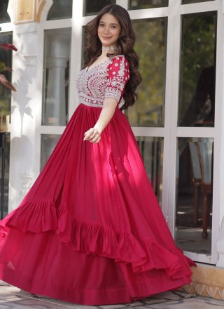Georgette Readymade Lehenga Choli In Rani Color