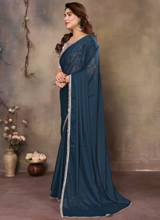 Georgette Traditional Saree with Patch Border, Lace and Mirror Work