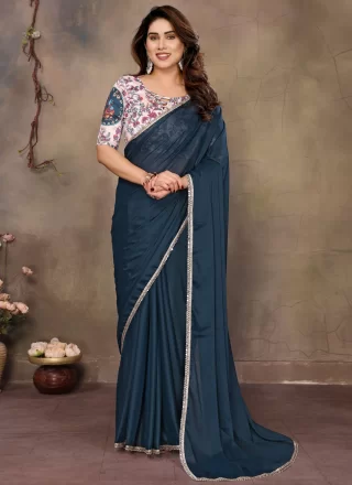 Georgette Traditional Saree with Patch Border, Lace and Mirror Work