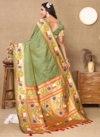 Girlish Green Silk Contemporary Sari with Meenakari, Weaving and Zari Work