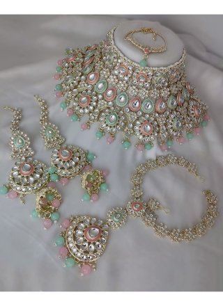 Girlish Pink and Sea Green Moti and Stone Work Jewellery Set